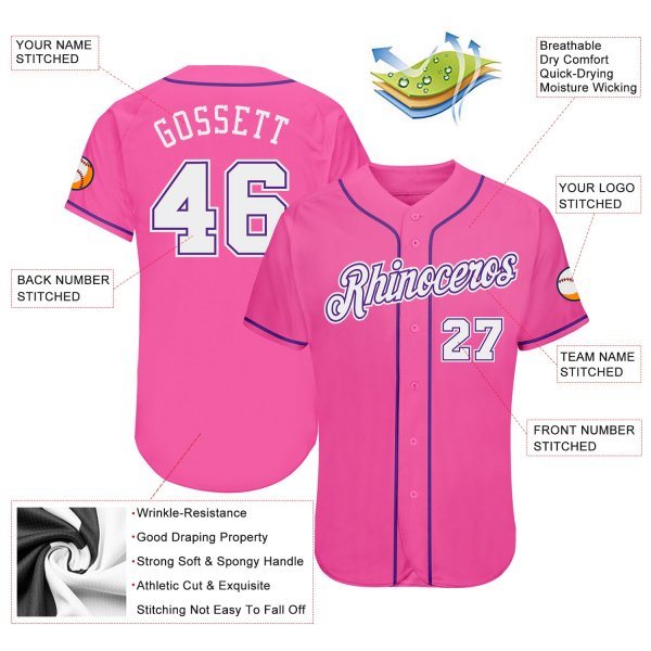 Custom Pink White-Purple Authentic Baseball Jersey