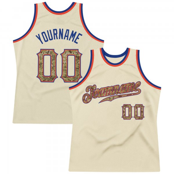 Custom Cream Camo-Royal Authentic Throwback Basketball Jersey