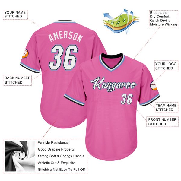 Custom Pink White-Light Blue Authentic Throwback Rib-Knit Baseball Jersey Shirt