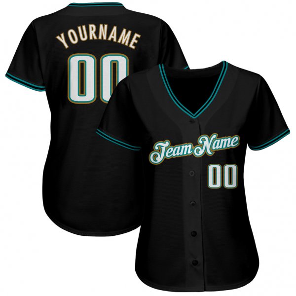 Custom Black White-Aqua Authentic Baseball Jersey