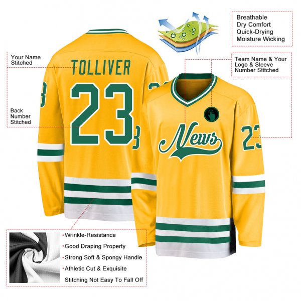 Custom Gold Kelly Green-White Hockey Jersey