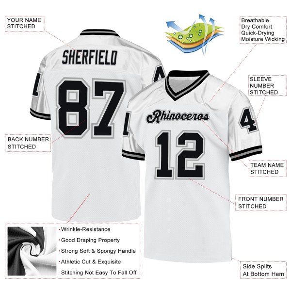 Custom White Black-Gray Mesh Authentic Throwback Football Jersey