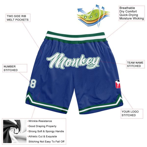 Custom Royal White-Kelly Green Authentic Throwback Basketball Shorts