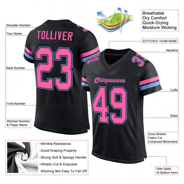 Custom Black Pink-Light Blue Mesh Authentic Football Jersey