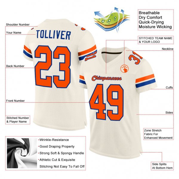 Custom Cream Orang-Royal Mesh Authentic Football Jersey