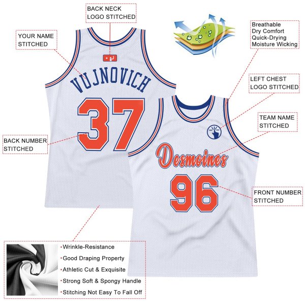 Custom White Orange-Royal Authentic Throwback Basketball Jersey