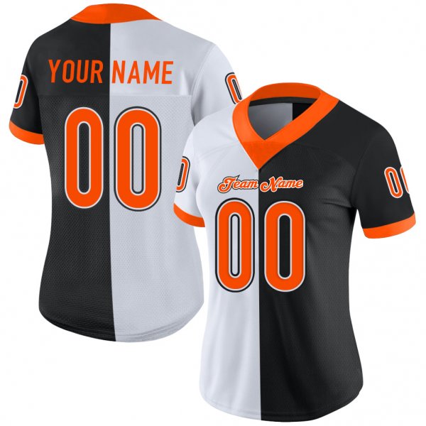 Custom Black Orange-White Mesh Split Fashion Football Jersey