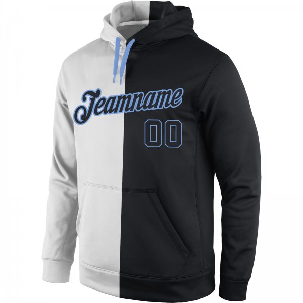 Custom Stitched White Black-Light Blue Split Fashion Sports Pullover Sweatshirt Hoodie